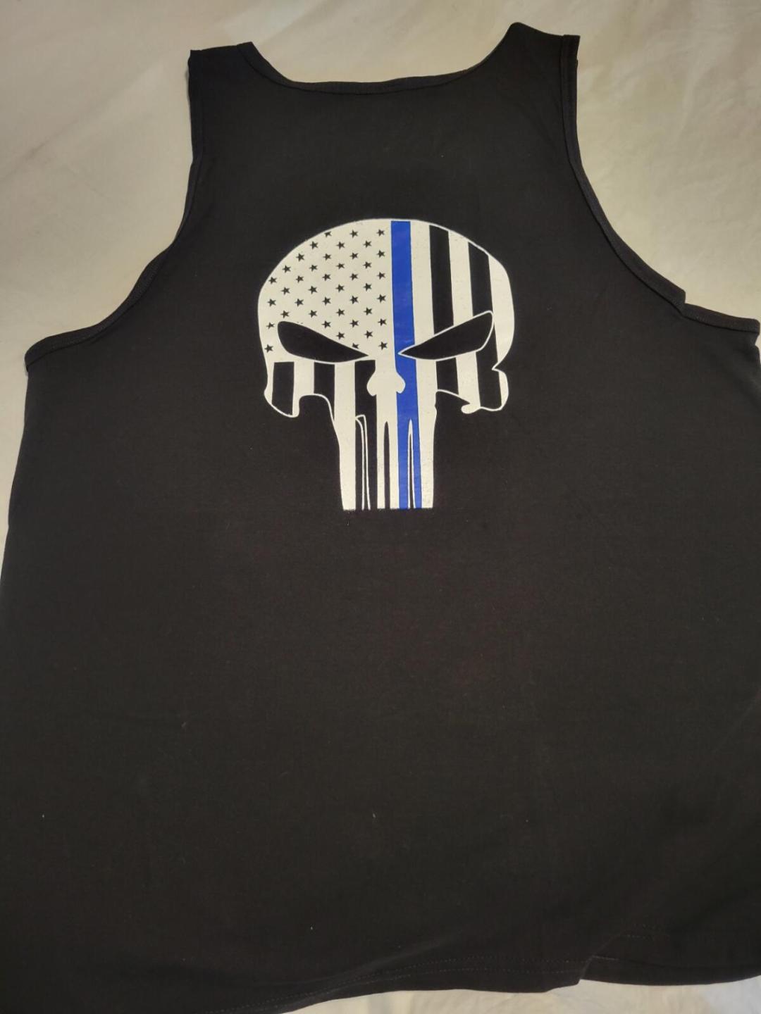 Blue Line Punisher Mens Tank Top Image On Back
